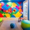 A vibrant and colorful playroom with interactive wall panels, a slide, and a ball pit2, Generative AI
