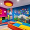 A vibrant and colorful playroom with interactive wall panels, a slide, and a ball pit5, Generative AI