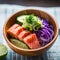 A vibrant and colorful poke bowl with fresh tuna, salmon, and avocado