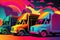 Vibrant and colorful stylized image of a fleet of delivery trucks against a neon background
