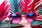 Vibrant colorful tropical vacation theme, with pastel blue and pink sunglasses