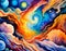 vibrant colorful watercolor new age style abstract cosmos scene with stars galaxies and planets in swirling bright colors