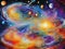 vibrant colorful watercolor new age style abstract cosmos scene with stars galaxies and planets in swirling bright colors