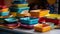 Vibrant colors of crockery stack in kitchenware department generated by AI