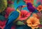 vibrant colors of tropical rainforests with colourful birds and flowers