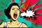 Vibrant Comic Style Asian Woman Shouting with Bold Lips on Colorful Pop Art Background, Generative AI