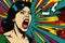 Vibrant Comic Style Asian Woman Shouting with Bold Lips on Colorful Pop Art Background, Generative AI