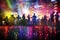 Vibrant concert stage with colorful lights and mesmerizing blurred bokeh crowd at a music event