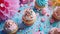 Vibrant confetti swirls around a table set with cupcakes