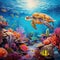vibrant coral reef, teeming with diverse marine life, including sea turtles, colorful fish, and delicate seahorses by AI generated