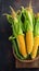 Vibrant corn showcase on wooden backdrop, embodying the essence of harvest