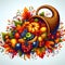 Vibrant cornucopia overflowing with autumn harvest fruits and vegetables.