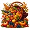 Vibrant cornucopia overflowing with autumn harvest fruits and vegetables.