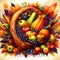 Vibrant cornucopia overflowing with autumn harvest fruits and vegetables.