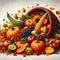 Vibrant cornucopia overflowing with autumn harvest fruits and vegetables. AI