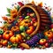 Vibrant cornucopia overflowing with autumn harvest fruits and vegetables. AI