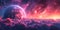 Vibrant cosmic clouds and planet, ideal for sci-fi backgrounds.