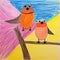 Vibrant Crayon Drawing Of Birds Perched On A Branch