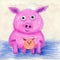 Vibrant Crayon Drawing Of Pink Pig Family With Baby Pig