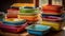 Vibrant crockery collection in a wooden stack generated by AI