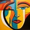 Vibrant Cubist Woman Face Painting In Dark Turquoise And Amber