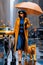 Vibrant curvy classy lady, yellow blue winter coat high heels,rain walk New york city taxis, big cat