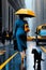 Vibrant curvy classy lady, yellow blue winter coat high heels,rain walk New york city taxis, big cat