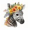 Vibrant Cute Baby Zebra, Colorful Boho Flowers, Watercolor, Isolated on White background - Generative AI
