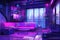 Vibrant Cyberpunk Living Room With A Purple Sofa And Digital Streaming Elements