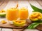 Vibrant Delicious Mango Juice Glasses With Slice Of Mango And Leaves Around On Wooden Plate On Wooden Table. Ai Generated