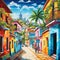 Vibrant depiction of a bustling street in Salvador, Brazil