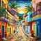 Vibrant depiction of a bustling street in Salvador, Brazil