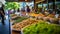 A vibrant depiction showcases a Keto diet scene in a bustling farmer\\\'s market, AI generated