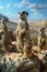 Vibrant desert meerkat colony in pastel tones, showcasing vigilant wildlife in arid landscape