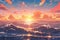 Vibrant, Detailed Animestyle Image Of A Linear Ocean In Sunset