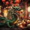 A vibrant and detailed image capturing a mystical green dragon amidst a lantern-lit festival, showcasing intricate scales and