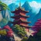 A vibrant and detailed painting of a traditional Chinese temple, surrounded by lush foliage and a majestic mountain