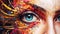 Vibrant digital artwork of a human eye with intricate steampunk elements and lively splashes of color, merging realism