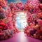 Vibrant digital collage of an immersive floral wonderland in a photobooth setup