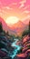 Vibrant Digital Painting Of Mountain Stream And Sunset In Kings Canyon National Park