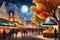 A Vibrant Digital Painting Showcasing an Imaginative Town Square: Each Corner Dedicated to a Different Fantasy Realm