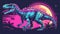 Vibrant dinosaur artwork set against a retro-style sunset