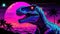 Vibrant dinosaur artwork set against a retro-style sunset