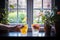 A vibrant display of glistening glassware filled with colourful fruit and a flourishing houseplant bathes the indoor table