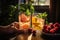 A vibrant display of glistening glassware filled with colourful fruit and a flourishing houseplant bathes the indoor table