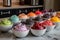 Vibrant Display Of Nitrogen Ice Cream Flavors In Bowls. Generative AI