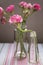 Vibrant display of pink flowers in clear vases featured atop a striped tablecloth.