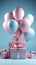 Vibrant display: White gift box, blue ribbon, balloon enhance lovely pink setting.