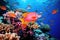 A vibrant, diverse congregation of numerous fish species swimming gracefully over a breathtaking coral reef, tropical fish on a