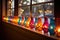 vibrant diwali lamps lined up on window sills